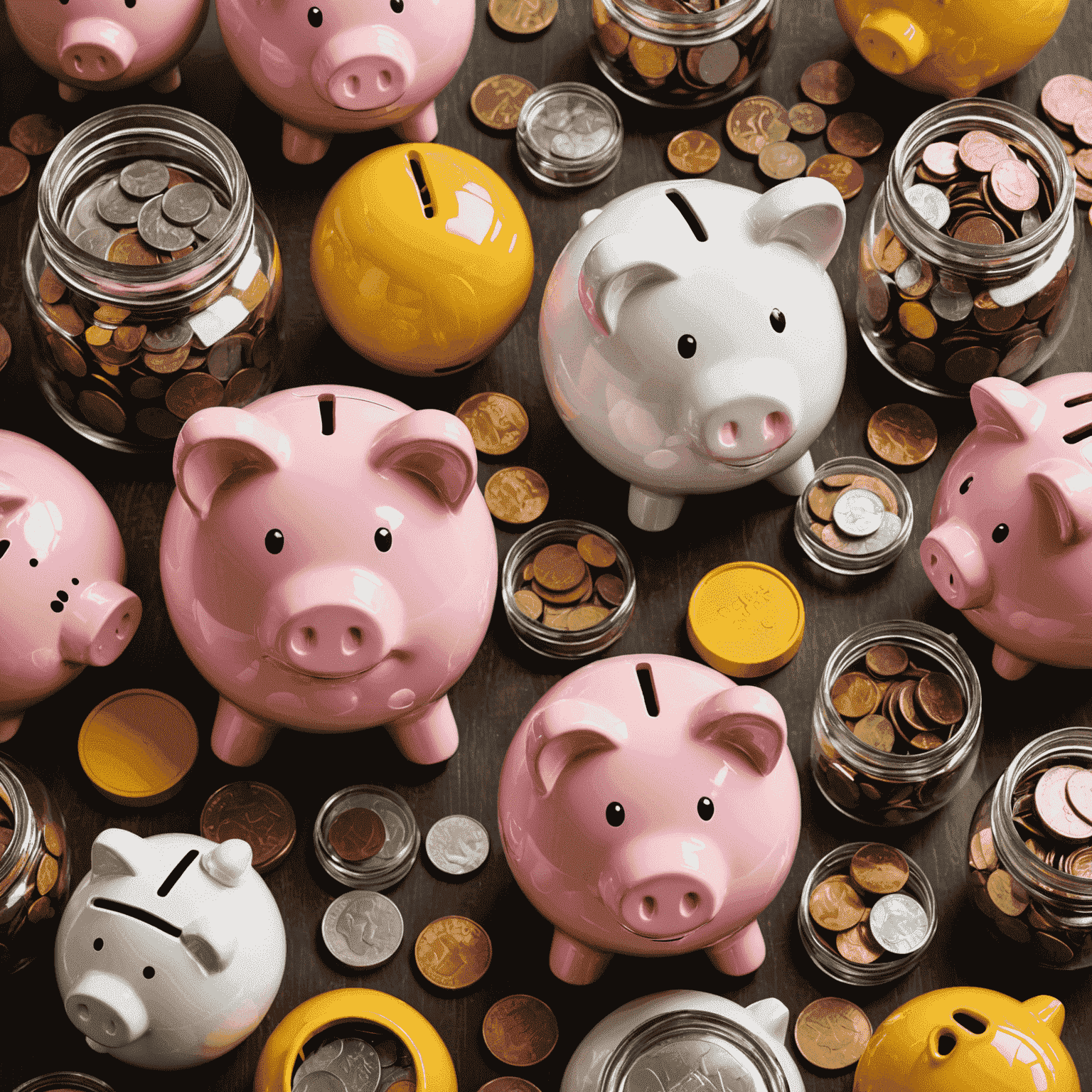 Illustration of piggy banks, coins, and savings jars representing various savings strategies for beginners