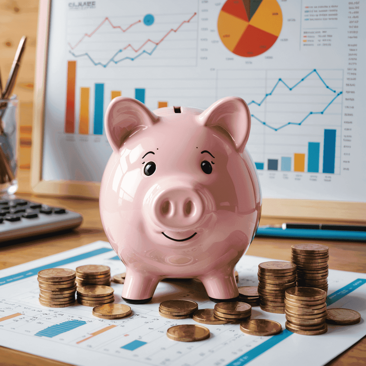 A piggy bank surrounded by coins and financial charts, symbolizing savings and financial growth