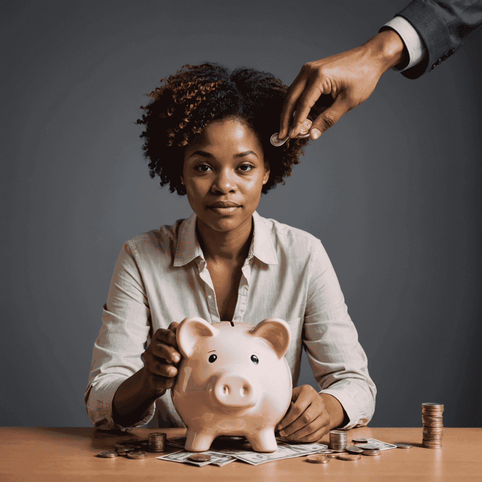 A person transitioning from a piggy bank to a diverse investment portfolio, symbolizing the journey from saving to investing