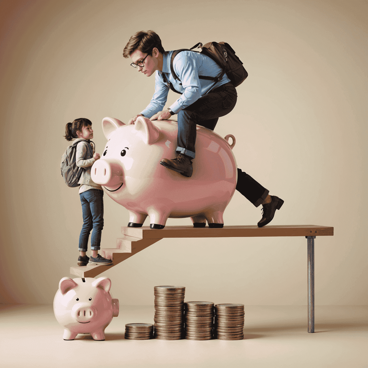 Illustration showing a person climbing steps from a piggy bank to investment portfolios